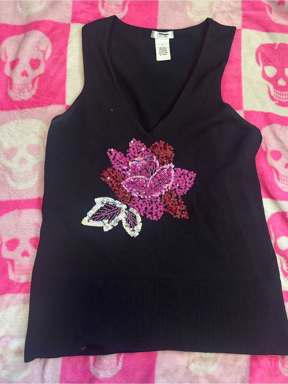 Caché Black Sleeveless V-Neck Top with Pink Sequin Floral Detail
